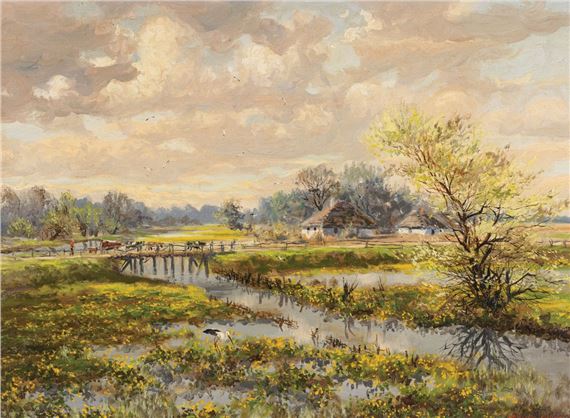 PEJZAŻ WIOSENNY Z BOCIANEM by Henryk Gasek