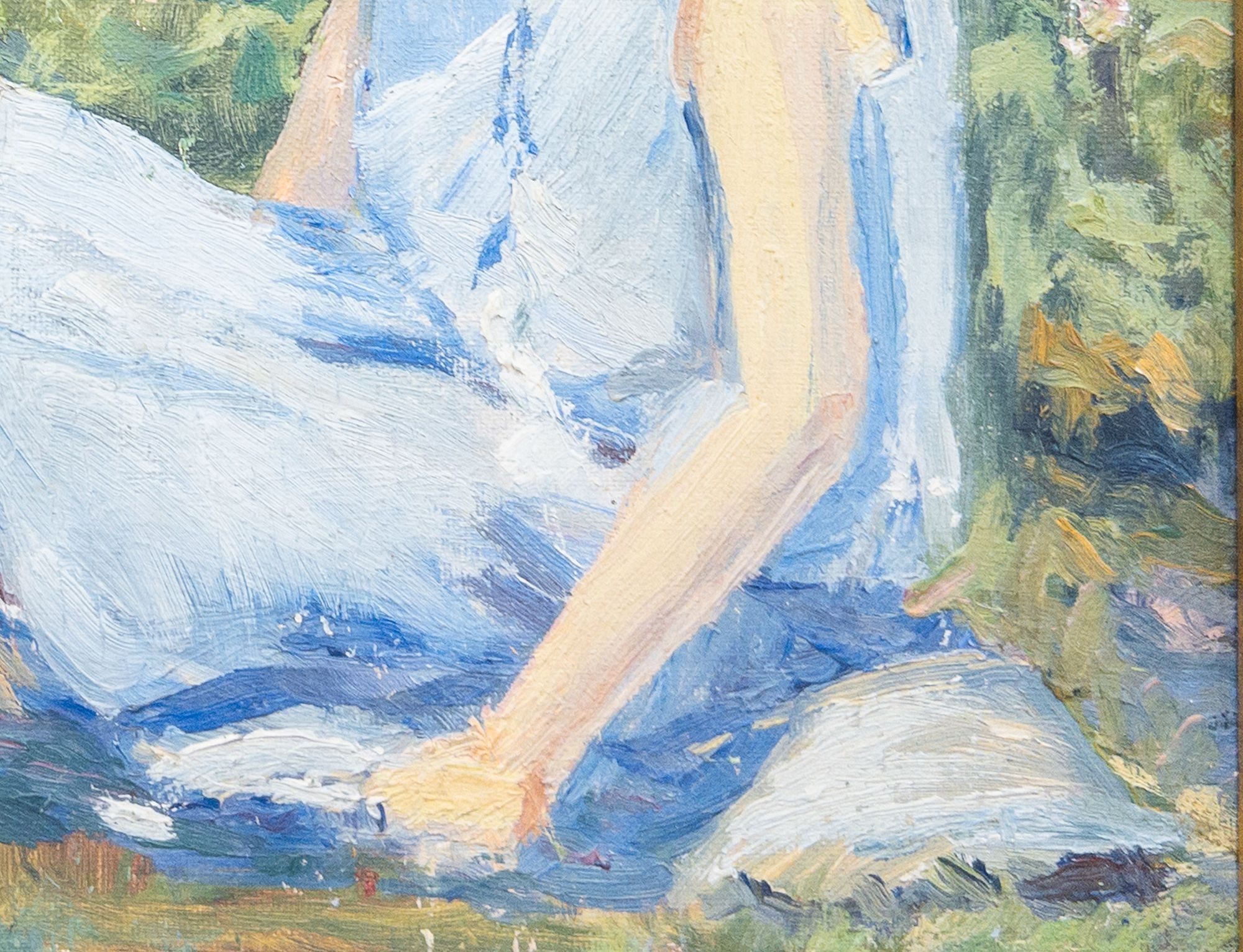 Artwork by Amey Allan, Girl in a Garden, Made of Oil on Board