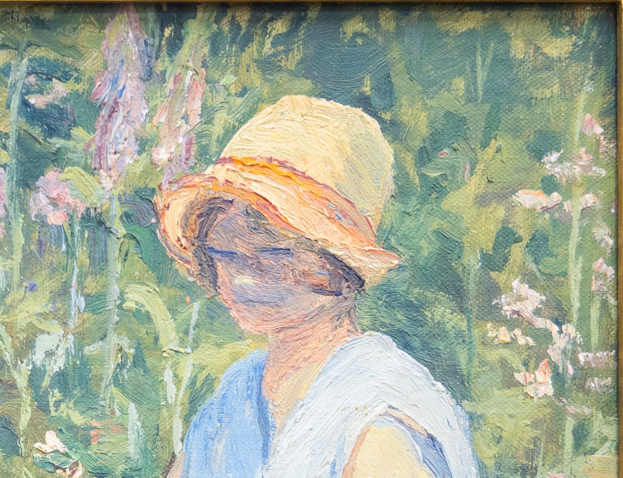 Artwork by Amey Allan, Girl in a Garden, Made of Oil on Board