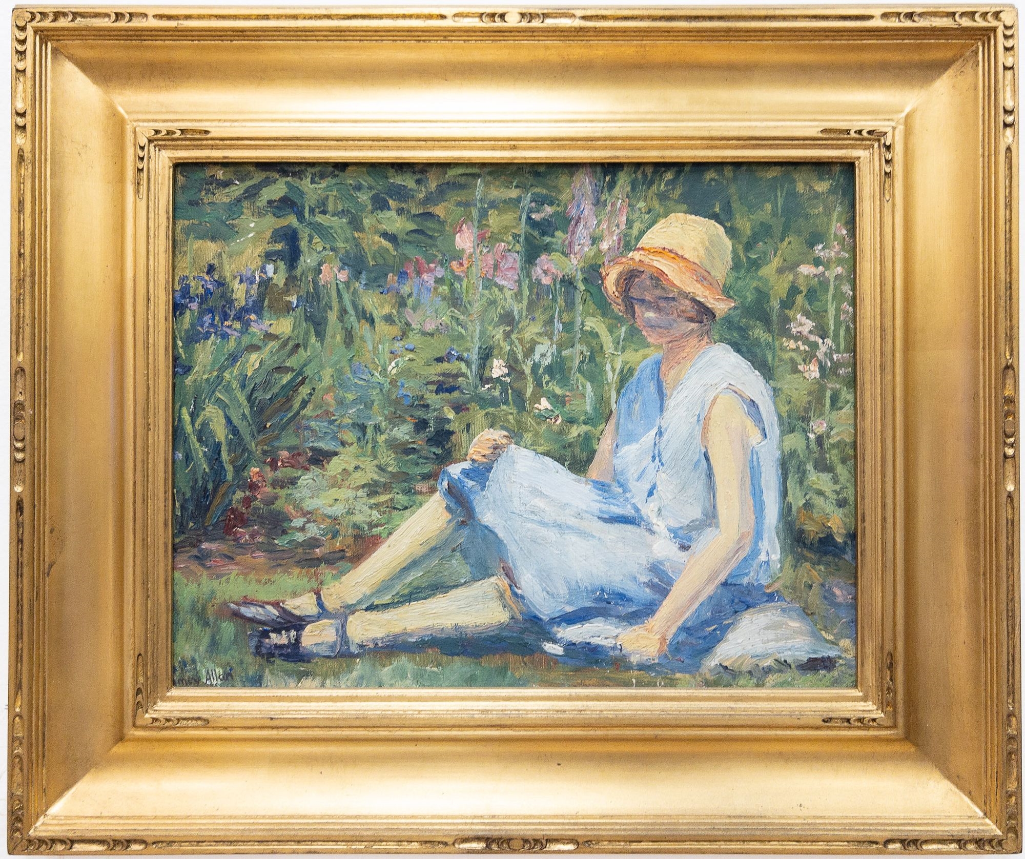 Artwork by Amey Allan, Girl in a Garden, Made of Oil on Board