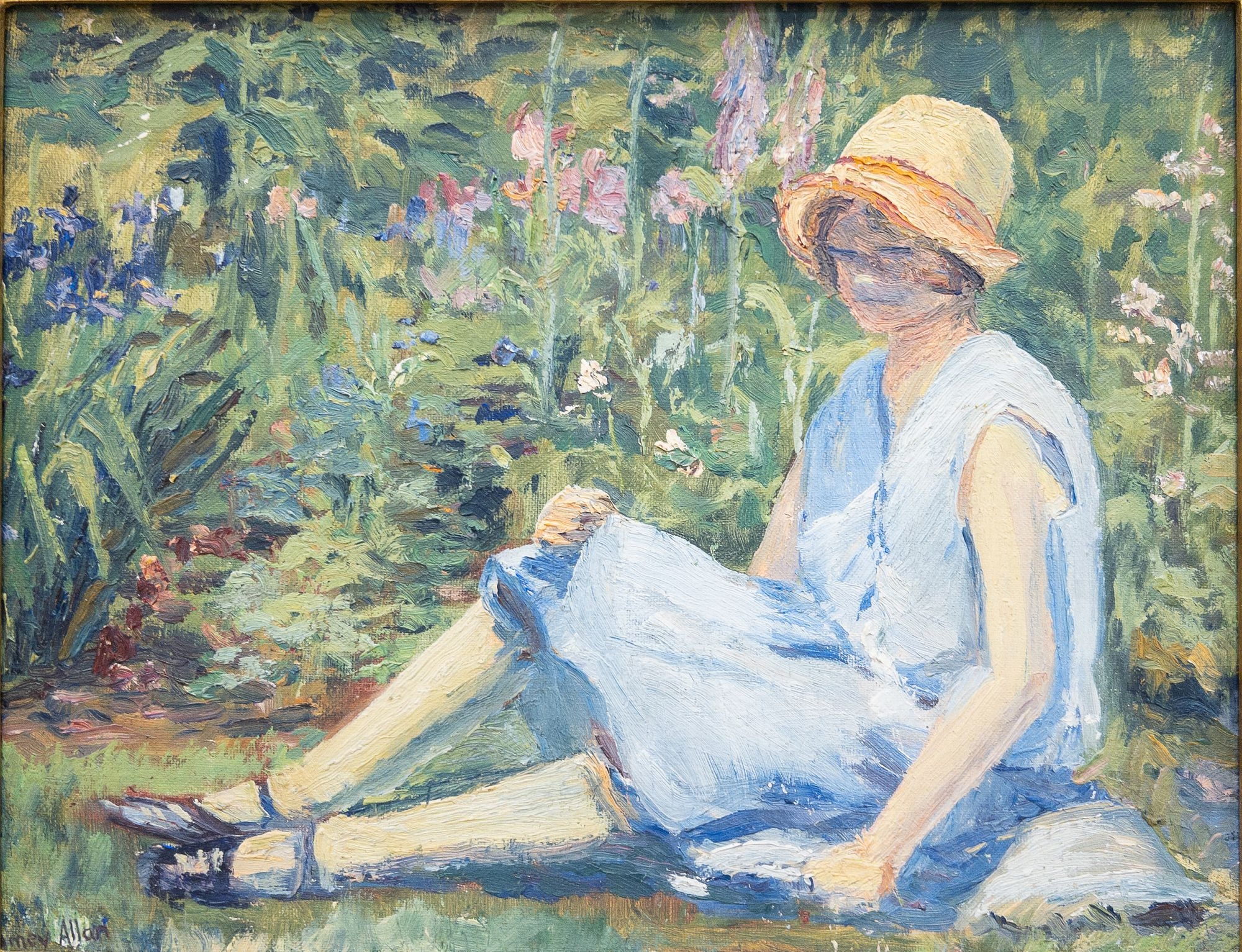 Artwork by Amey Allan, Girl in a Garden, Made of Oil on Board