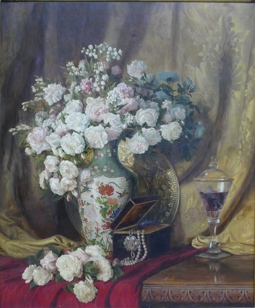 Artwork by C. Post, ""Stillleben: Blumen, Pokalglas und Schmuckkästchen"", Made of Oil on linen