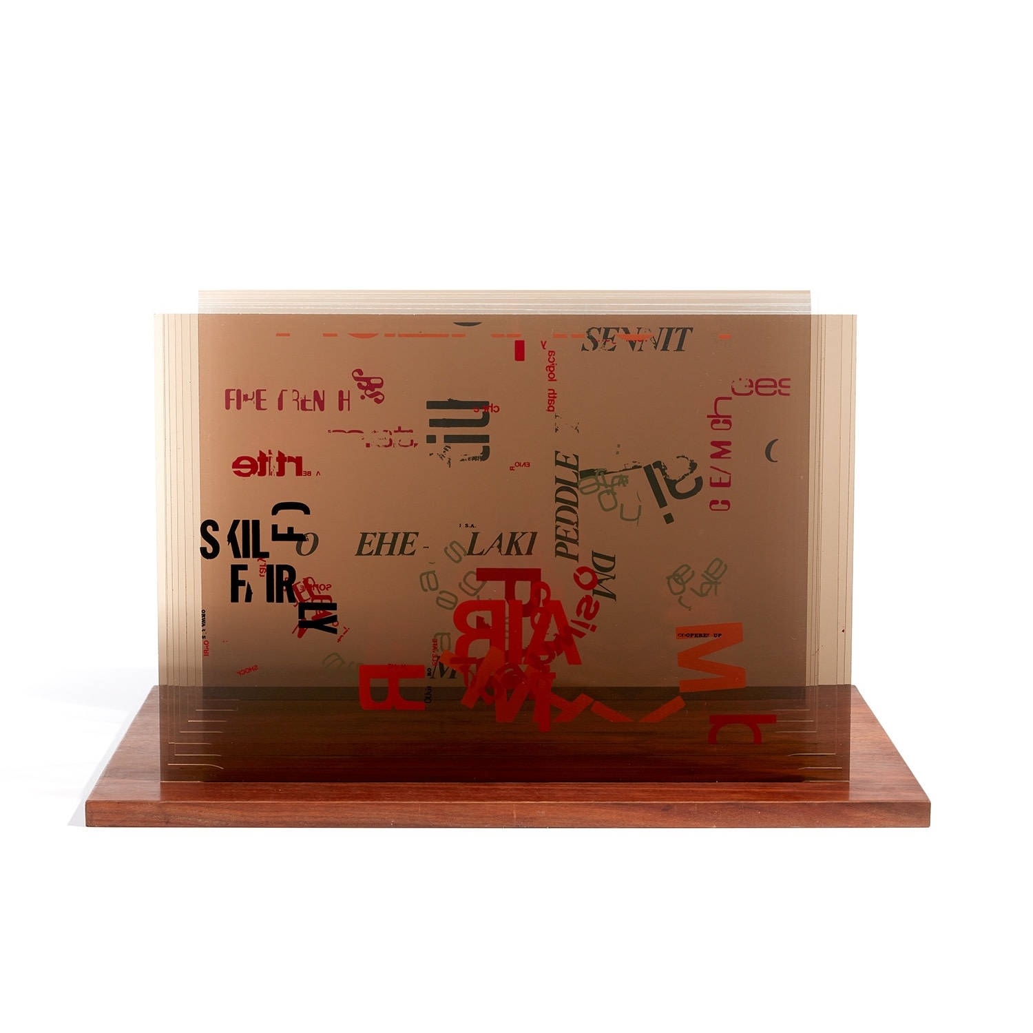 Artwork by John Cage, Not Wanting to Say Anything About Marcel: Plexigram II, Made of screenprints in colors, each on Rohm and Haas Plexiglas panels, installed on a stained and waxed walnut base