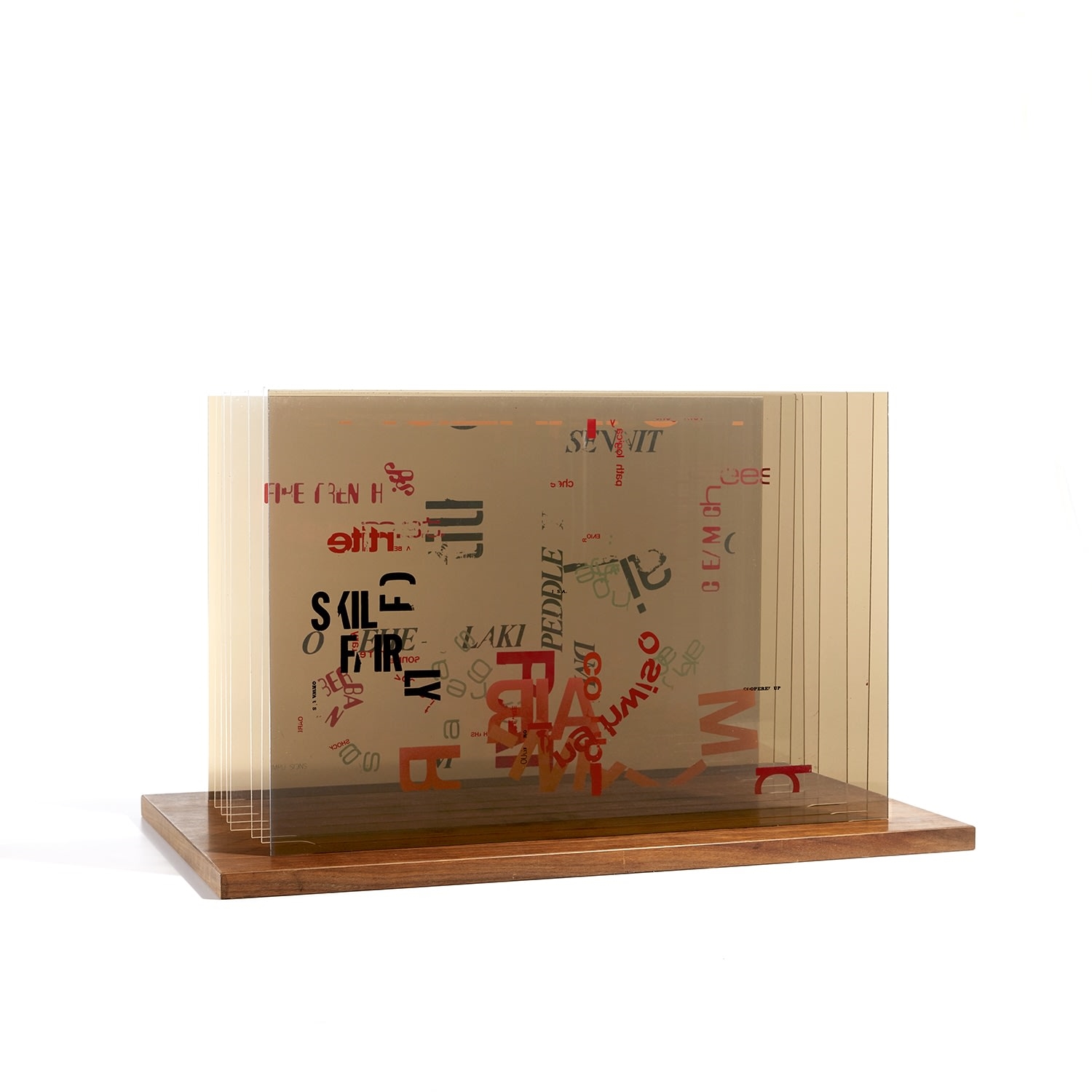 Artwork by John Cage, Not Wanting to Say Anything About Marcel: Plexigram II, Made of screenprints in colors, each on Rohm and Haas Plexiglas panels, installed on a stained and waxed walnut base