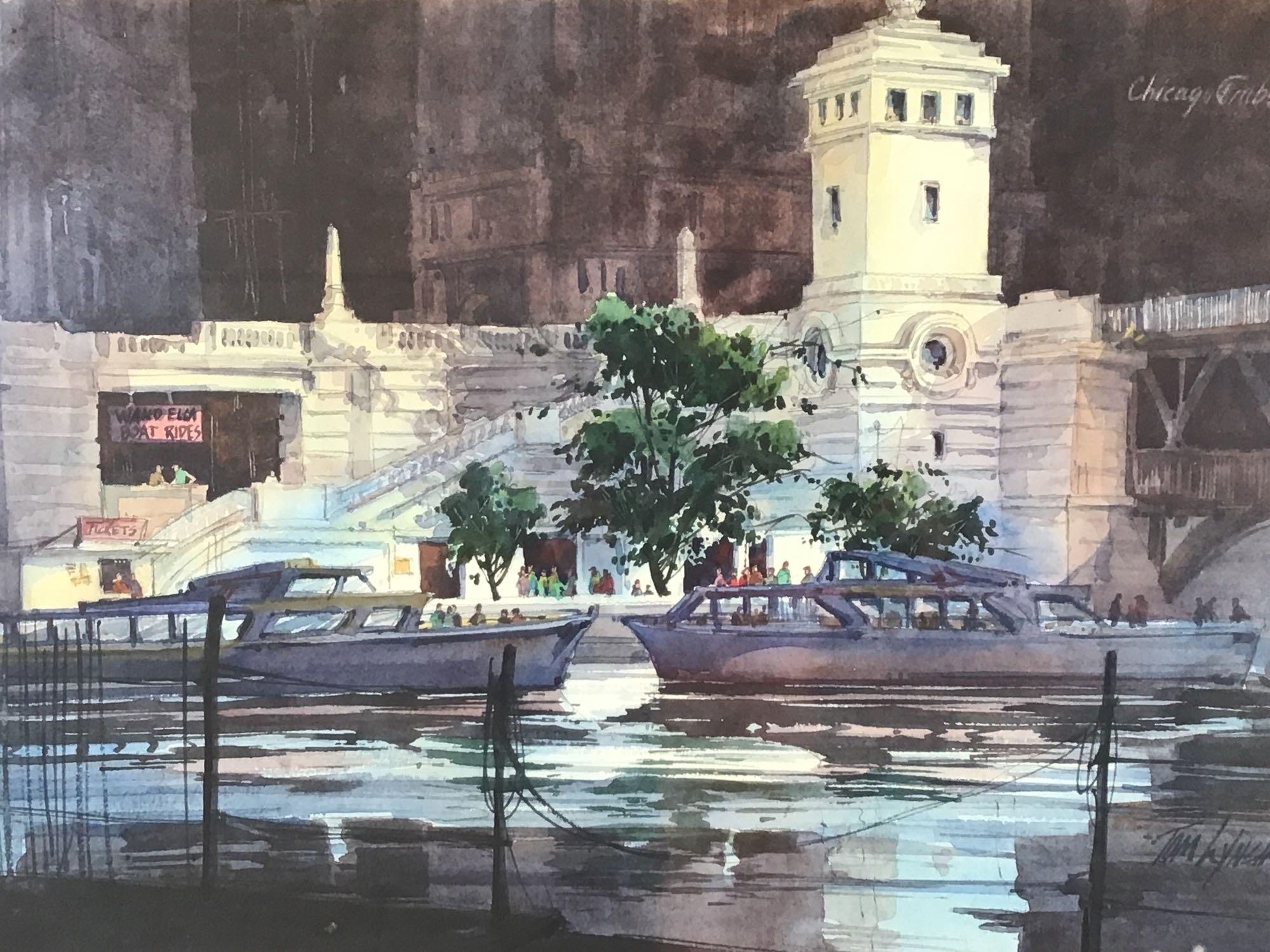 Tom Lynch Tourist river boats docked in urban setting MutualArt