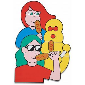 A colorful illustration of two figures holding hot dogs next to a yellow character.