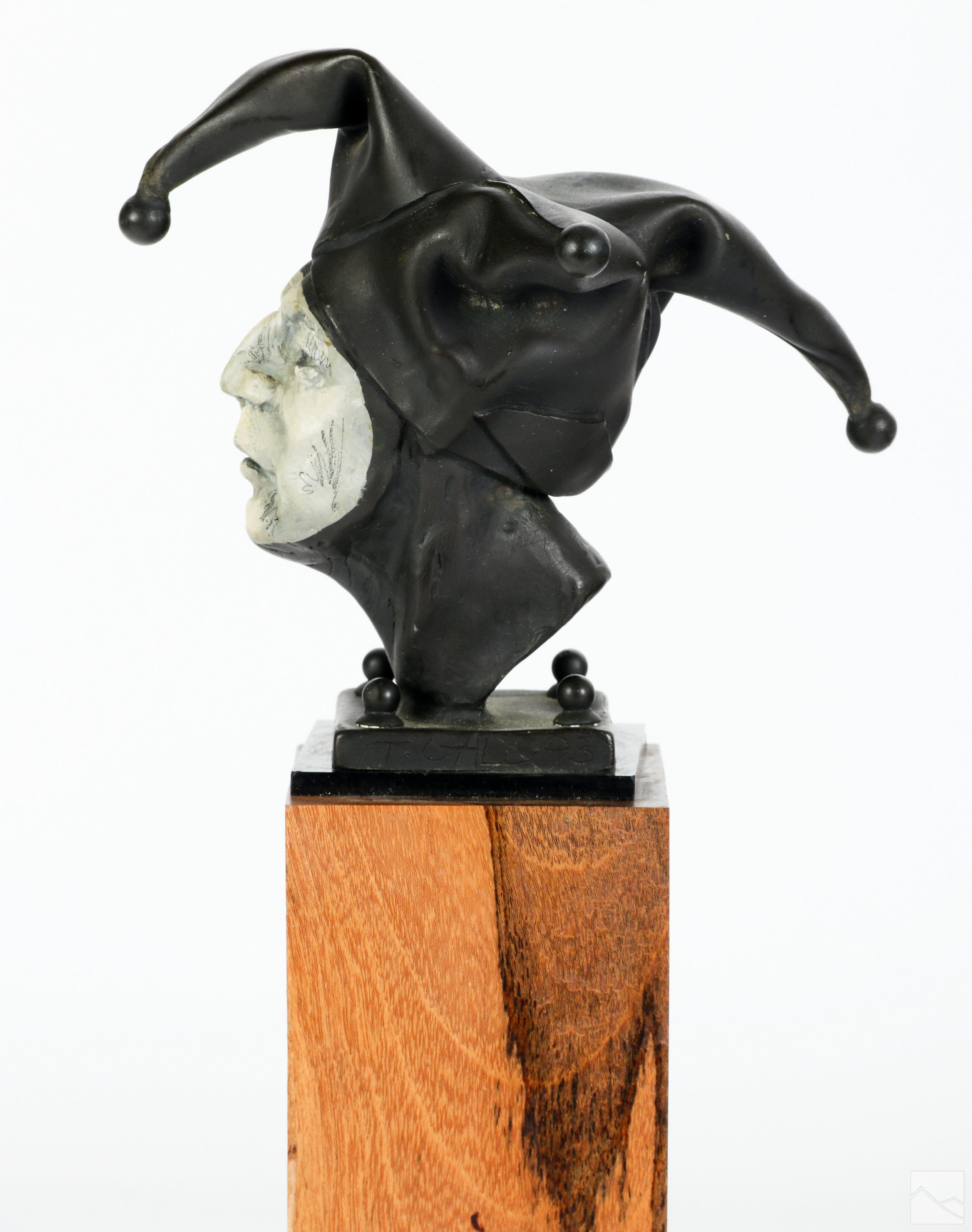 Artwork by Theodore Gall, Theodore Gall b.1941 Bronze Jester Bust Sculpture, Made of wooden base with metal