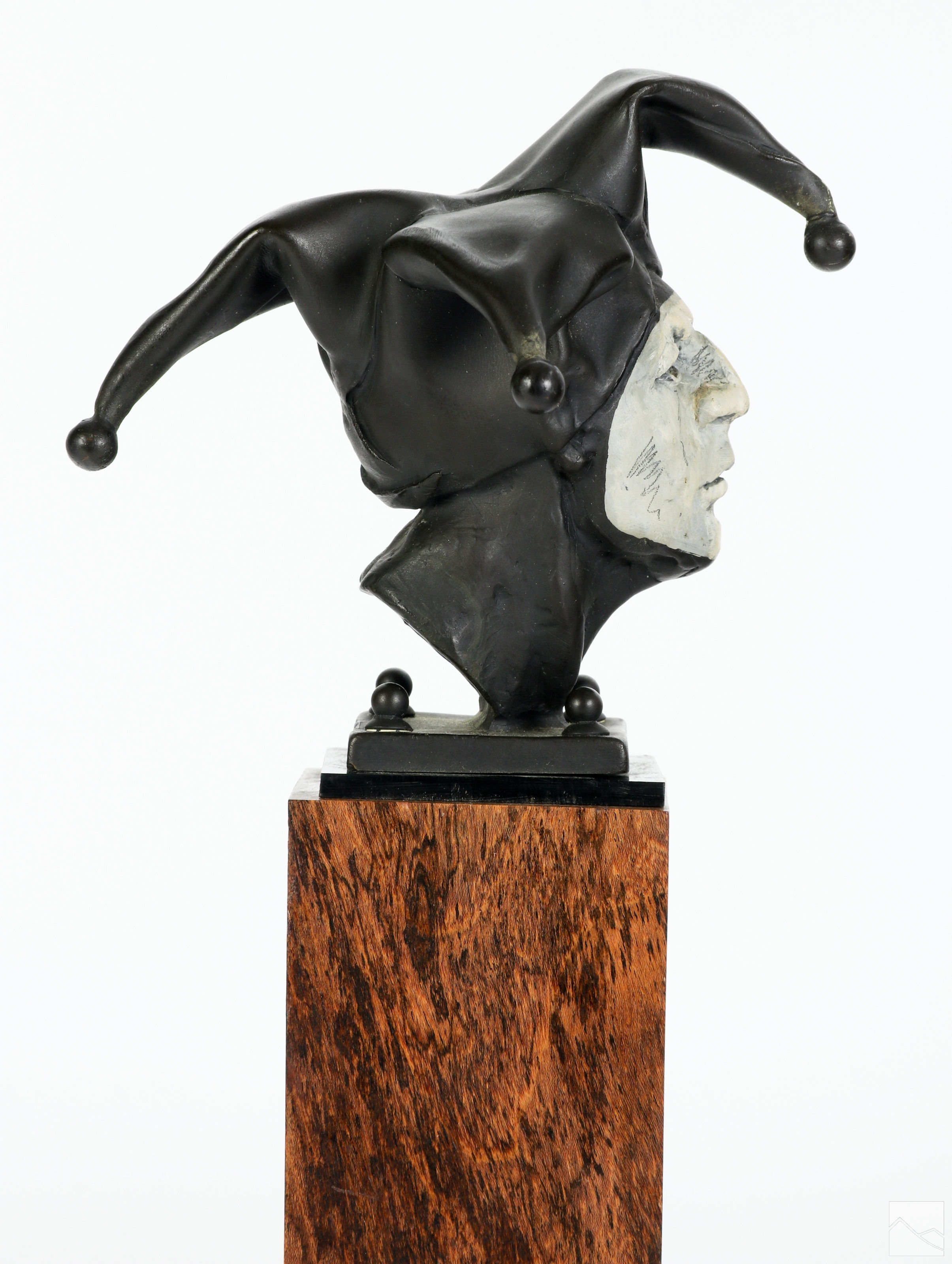 Artwork by Theodore Gall, Theodore Gall b.1941 Bronze Jester Bust Sculpture, Made of wooden base with metal