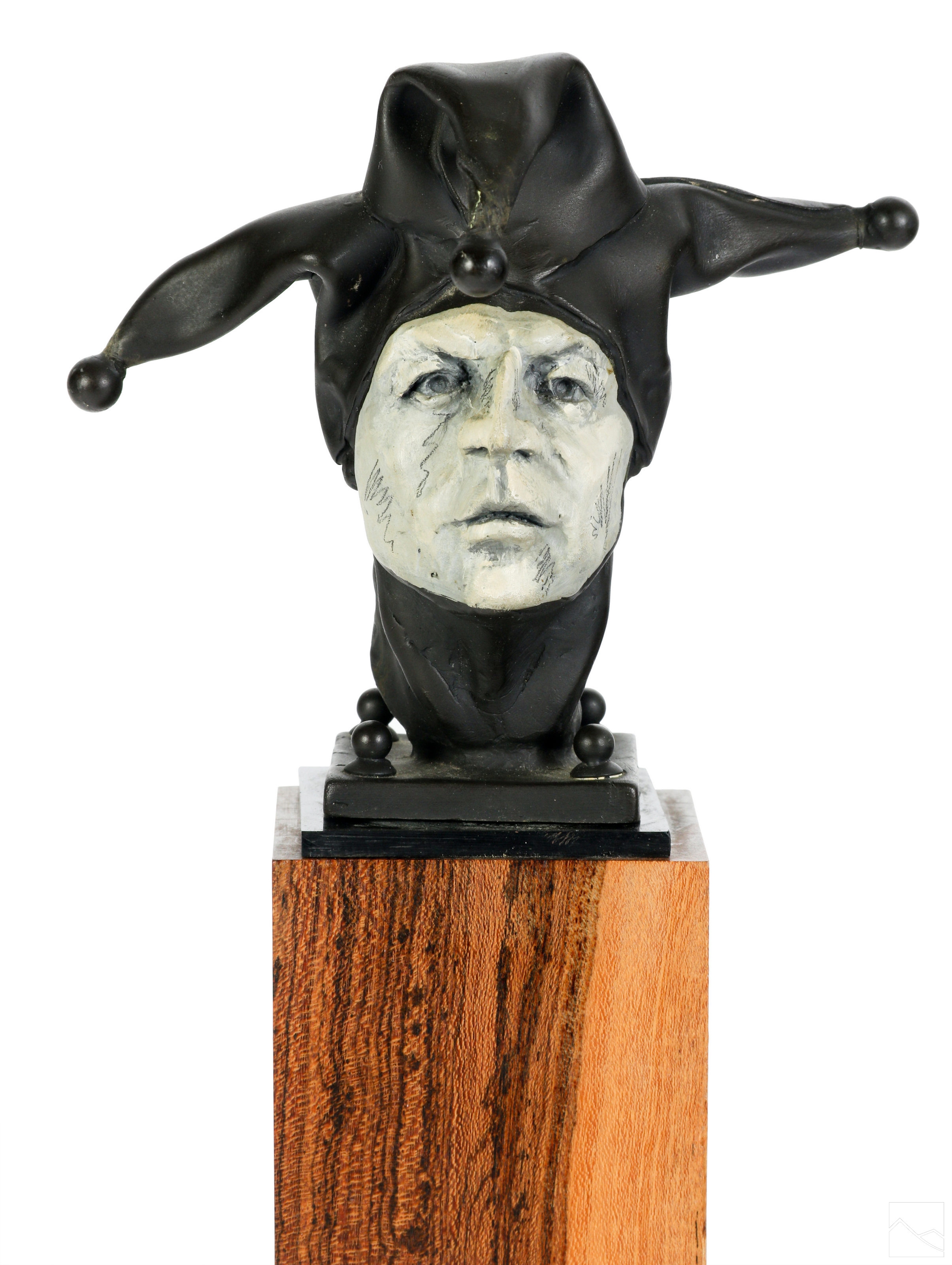 Artwork by Theodore Gall, Theodore Gall b.1941 Bronze Jester Bust Sculpture, Made of wooden base with metal