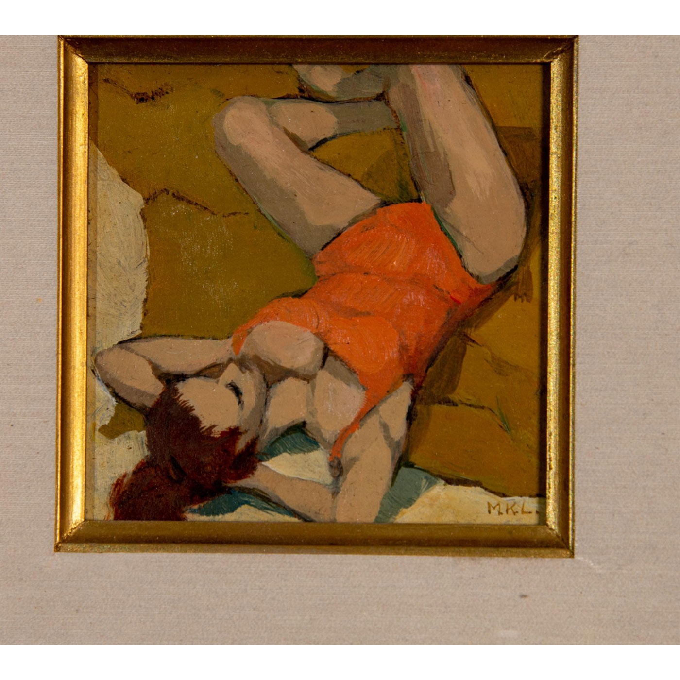 Artwork by Mimi Korach Lesser, Painting on board. Woman on the beach. Signed with initials lower right. Measures 9" x 9" including frame, Made of Acrylic Painting, Painting on board