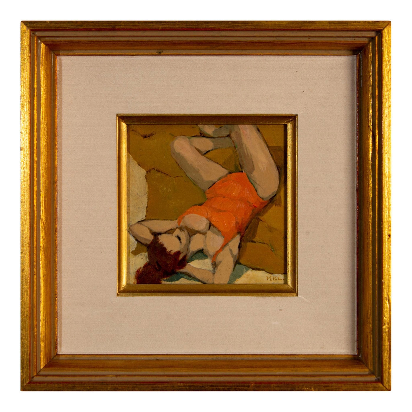 Artwork by Mimi Korach Lesser, Painting on board. Woman on the beach. Signed with initials lower right. Measures 9" x 9" including frame, Made of Acrylic Painting, Painting on board