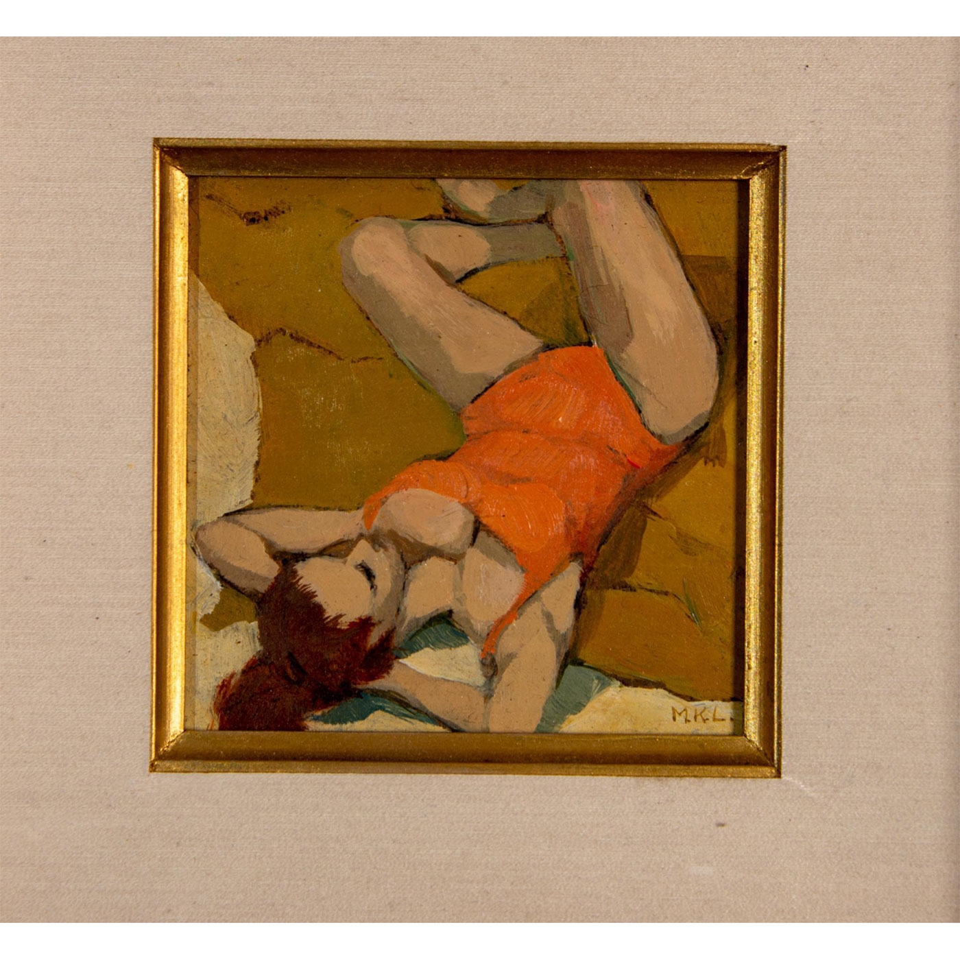 Artwork by Mimi Korach Lesser, Painting on board. Woman on the beach. Signed with initials lower right. Measures 9" x 9" including frame, Made of Acrylic Painting, Painting on board