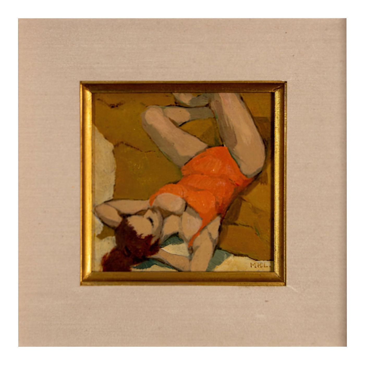 Artwork by Mimi Korach Lesser, Painting on board. Woman on the beach. Signed with initials lower right. Measures 9" x 9" including frame, Made of Acrylic Painting, Painting on board