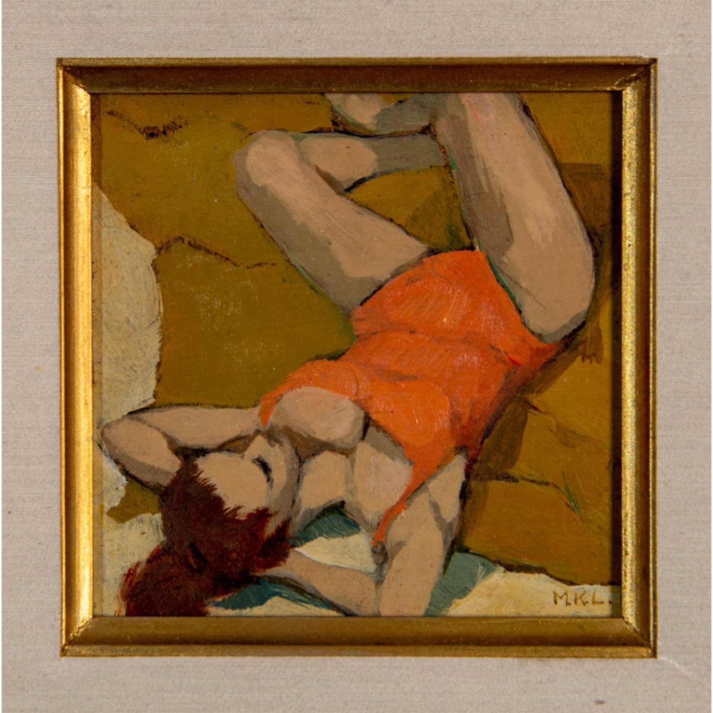 Artwork by Mimi Korach Lesser, Painting on board. Woman on the beach. Signed with initials lower right. Measures 9" x 9" including frame, Made of Acrylic Painting, Painting on board