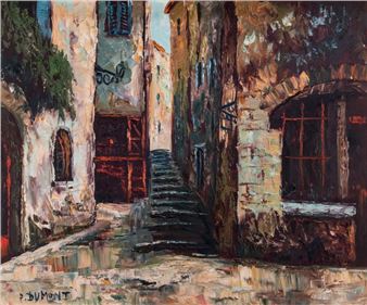 A textured impressionist painting of a narrow, sun-drenched alleyway with stone buildings and a central staircase.