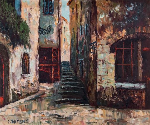 A textured impressionist painting of a narrow, sun-drenched alleyway with stone buildings and a central staircase.