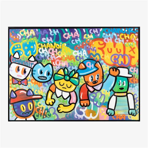 A colorful cartoon-style illustration of five stylized figures against a background filled with repeating text.