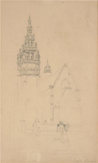 Deux élégantes devant un beffroi by Pierre Justin Ouvrié