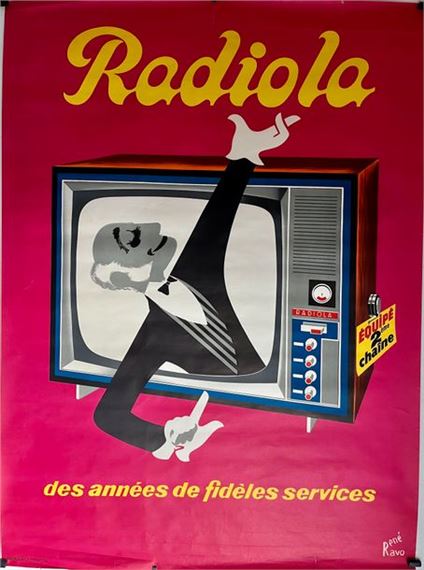 A vintage advertisement poster featuring a stylized television set with a figure emerging from the screen against a bold red background.