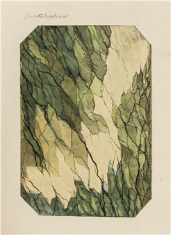 A watercolor landscape depicting a rugged mountain face with deep green foliage and shadowed rock textures.
