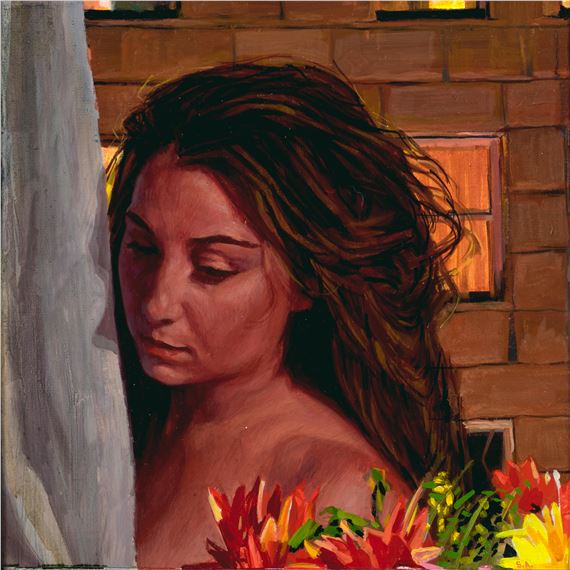 Lucy in the Window with Flowers by Seth Armstrong, dated 2015