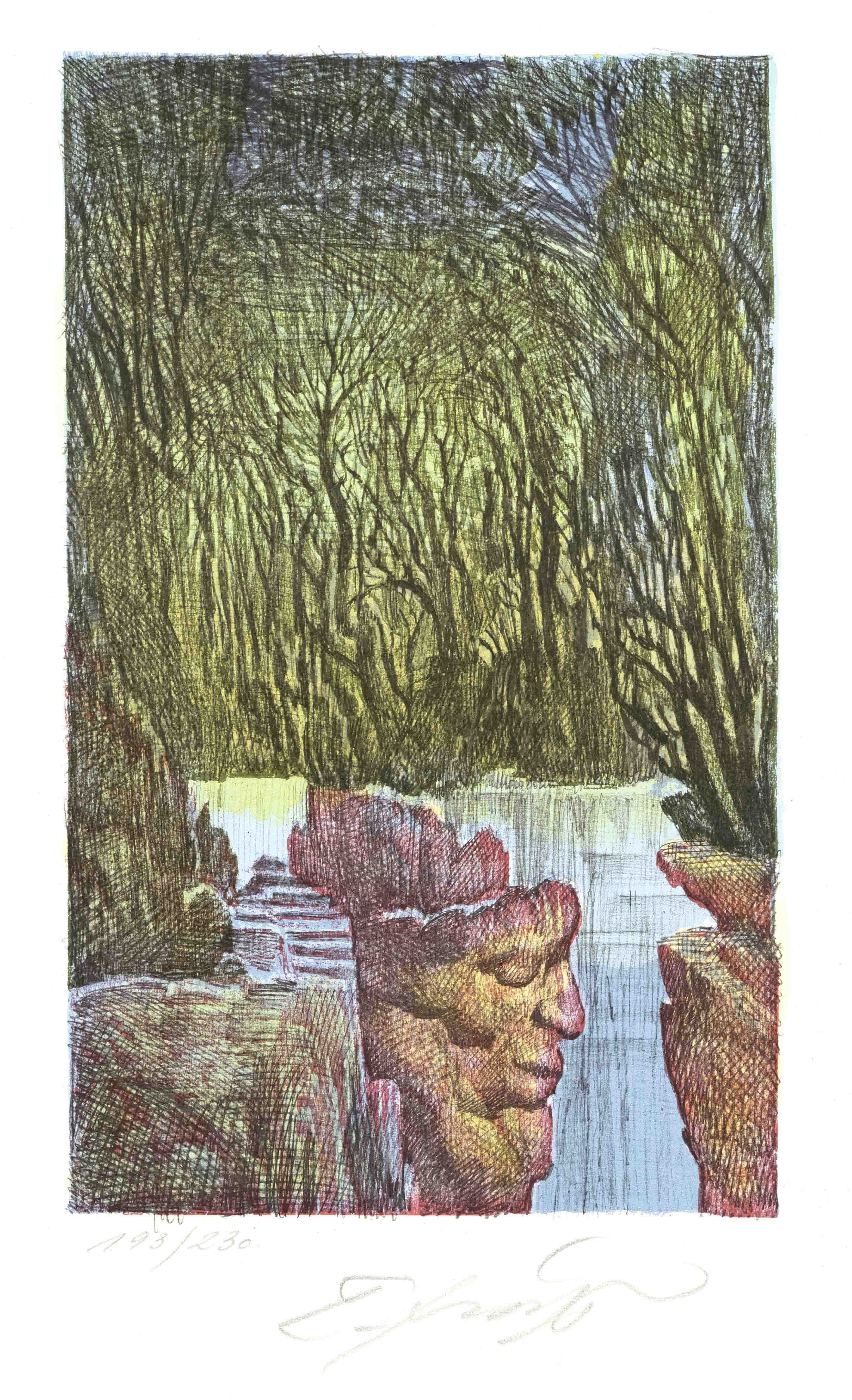 A surreal landscape featuring a stone face emerging from a forested riverbank.