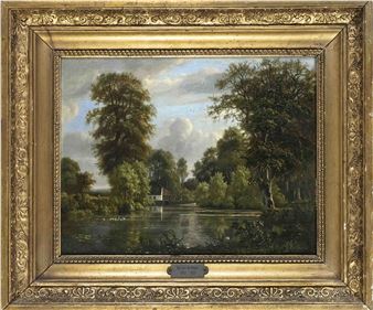 Landscape idyll with country house and figure scenery at the water - Adrianus De Visser