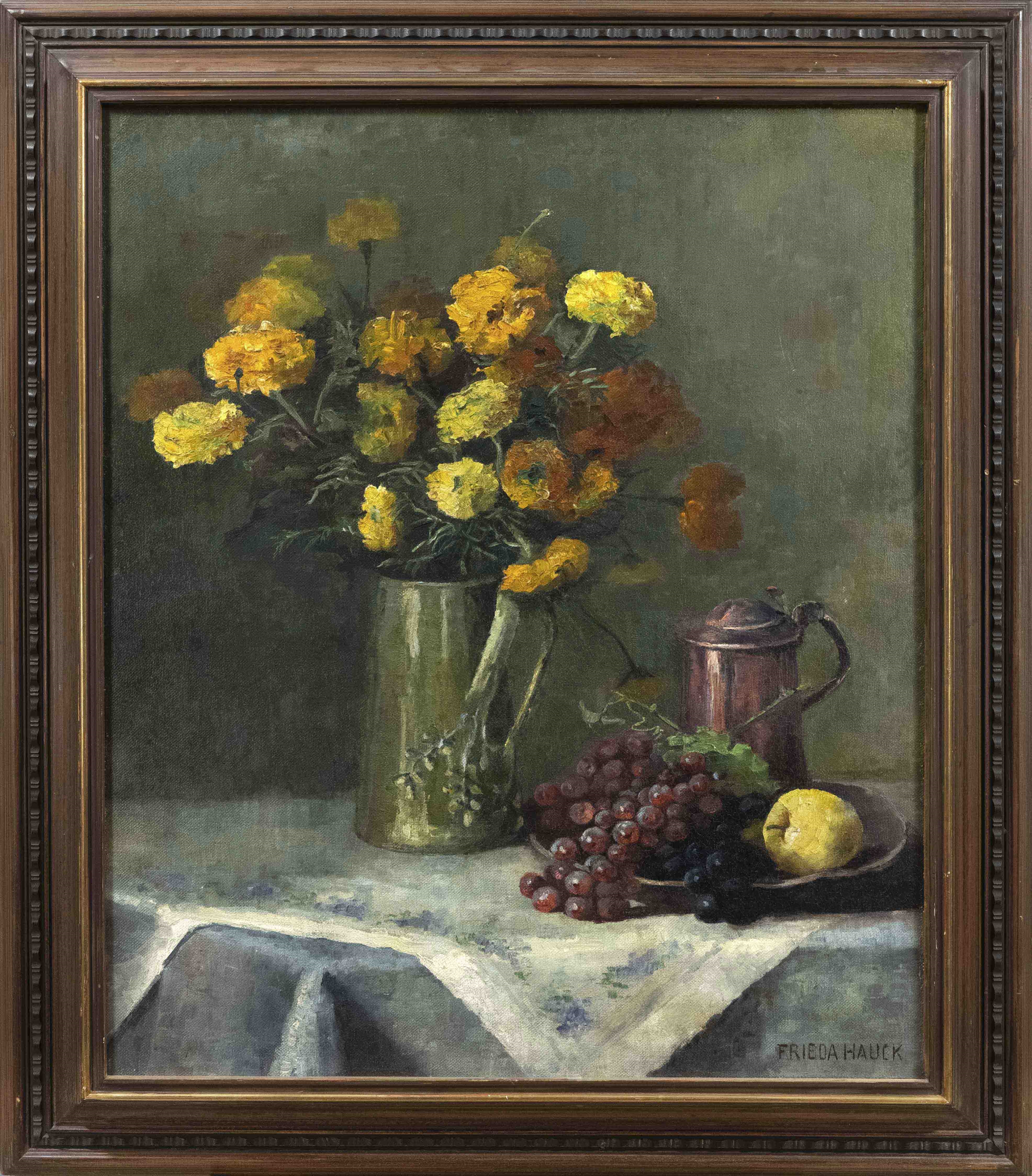 Artwork by Frieda Hauck, Large still life with bouquet of flowers and grapes, Made of Oil on Canvas
