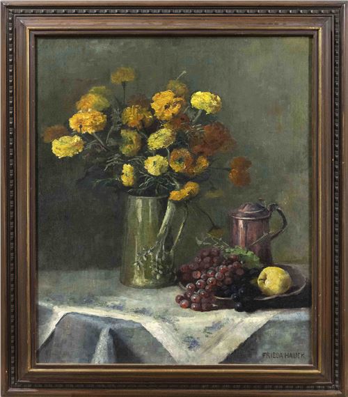 Large still life with bouquet of flowers and grapes - Frieda Hauck