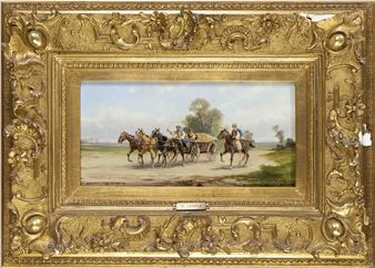 Peasant couple in Eastern European costume on a team of three, accompanied by a rider - Alfred Derfla