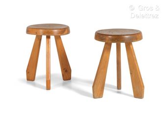 Charlotte Perriand | Pair of stools model Sandoz in pine. | MutualArt