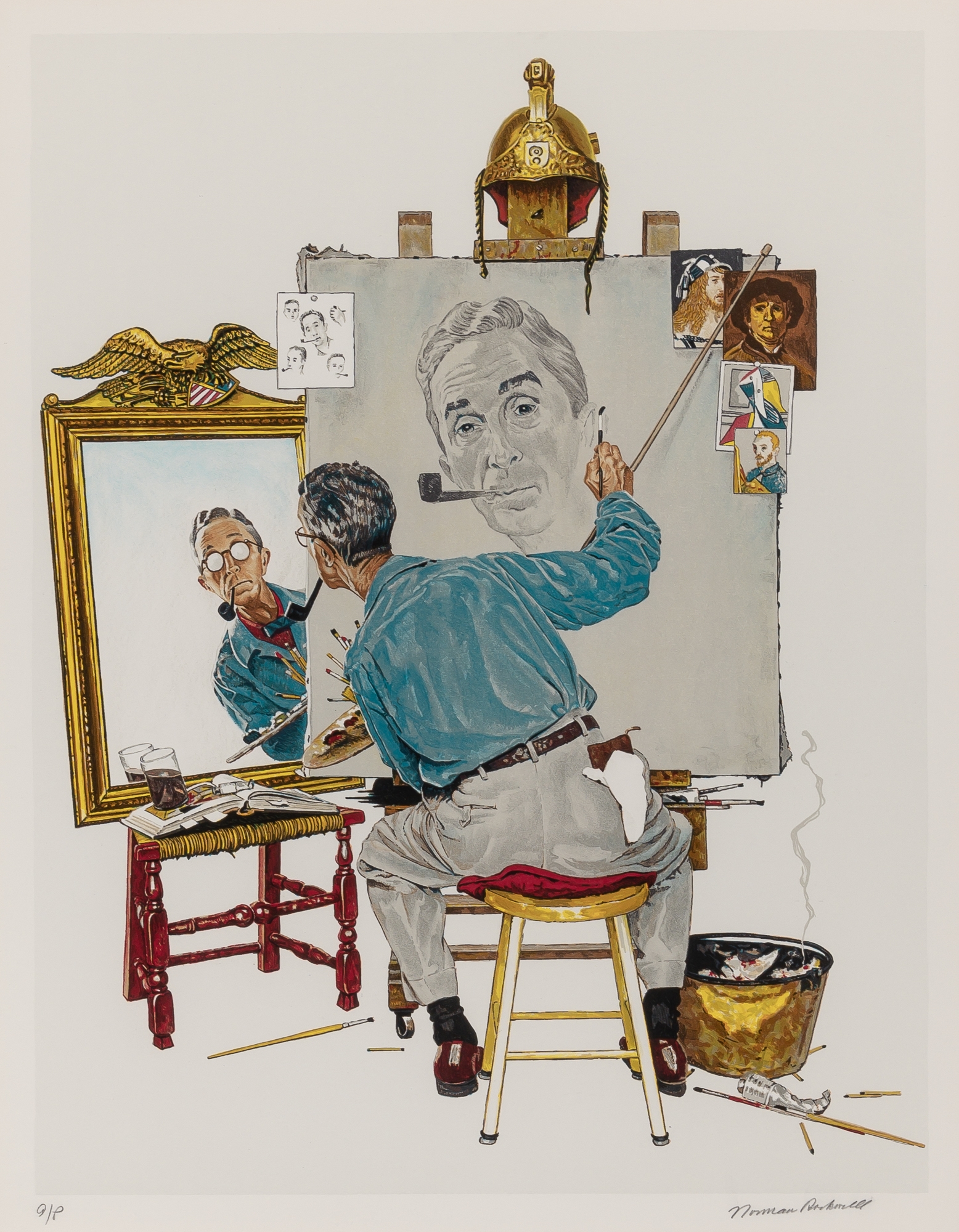 Artwork by Norman Rockwell, TRIPLE SELF PORTRAIT, Made of Color lithograph