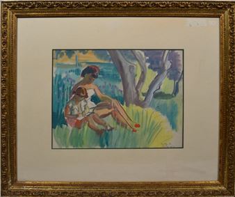 "Mère et enfant assis dans une paysage" - Maurice Tisseyre