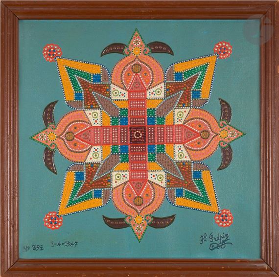 A colorful, symmetrical geometric mandala-style artwork featuring intricate dot work and layered shapes.