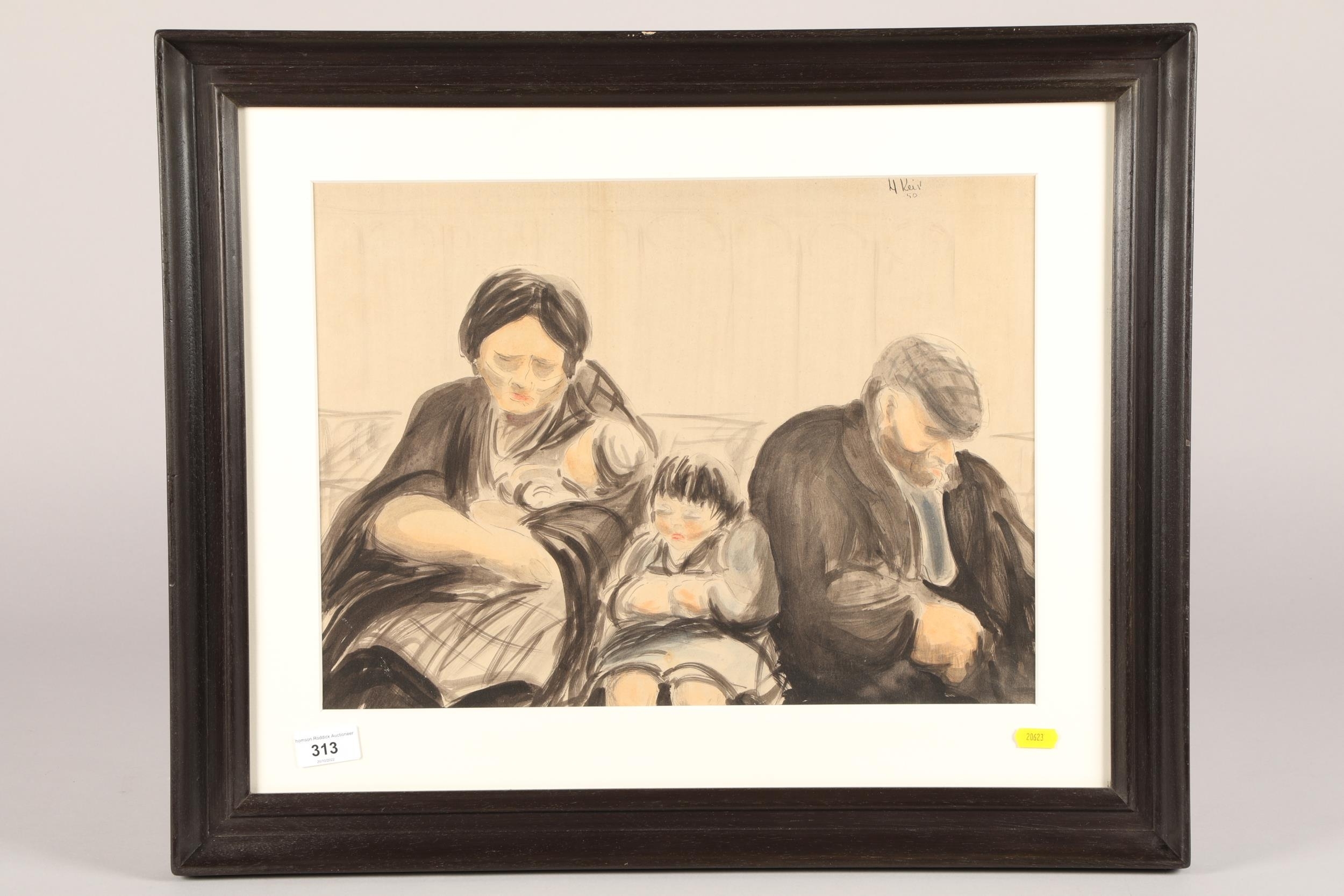A framed charcoal drawing of a somber family scene with three figures seated closely together.