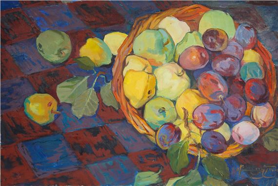 Plums and Apples in Wicker Basket by Babken Kolozian