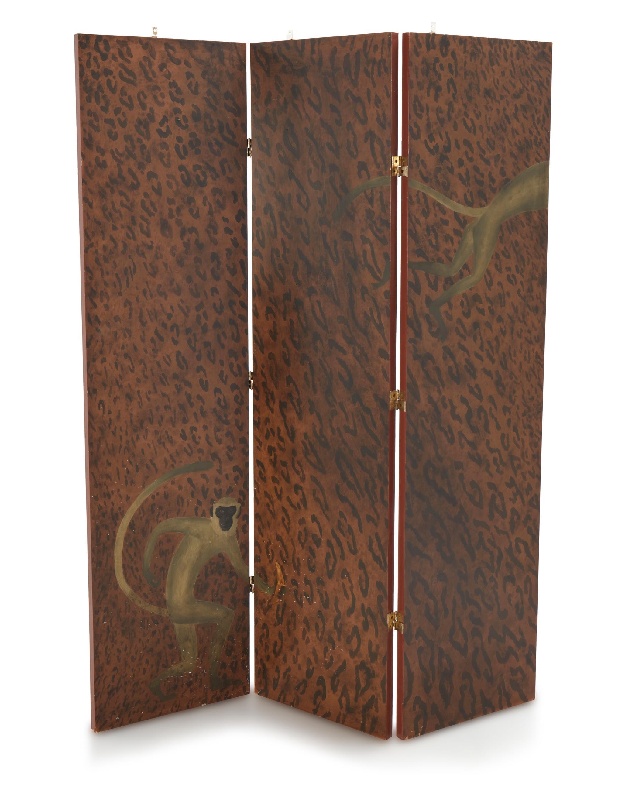 Artwork by Nancy Jolly, Monkey folding screen, Made of Oil and gold leaf on three panels