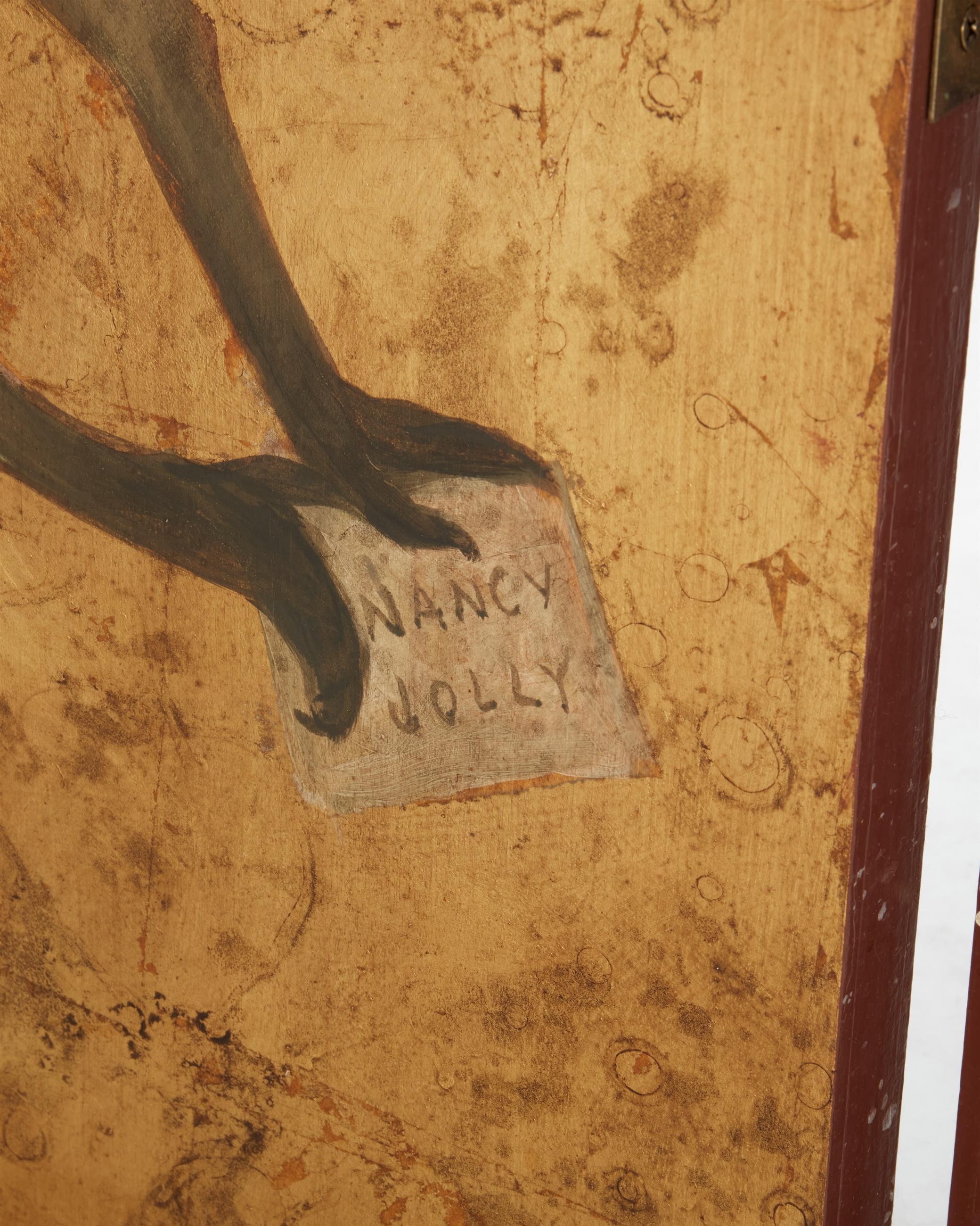 Artwork by Nancy Jolly, Monkey folding screen, Made of Oil and gold leaf on three panels