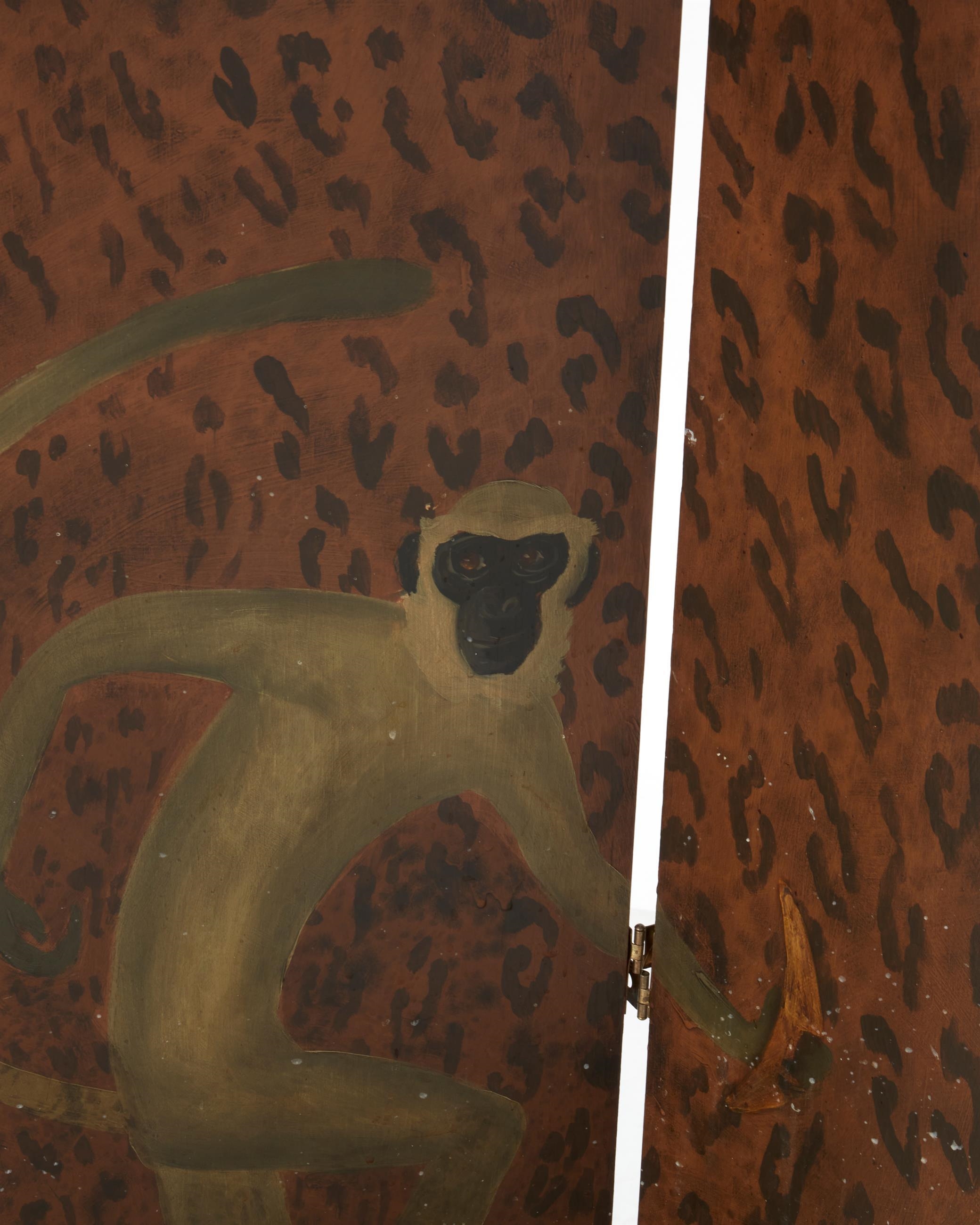 Artwork by Nancy Jolly, Monkey folding screen, Made of Oil and gold leaf on three panels