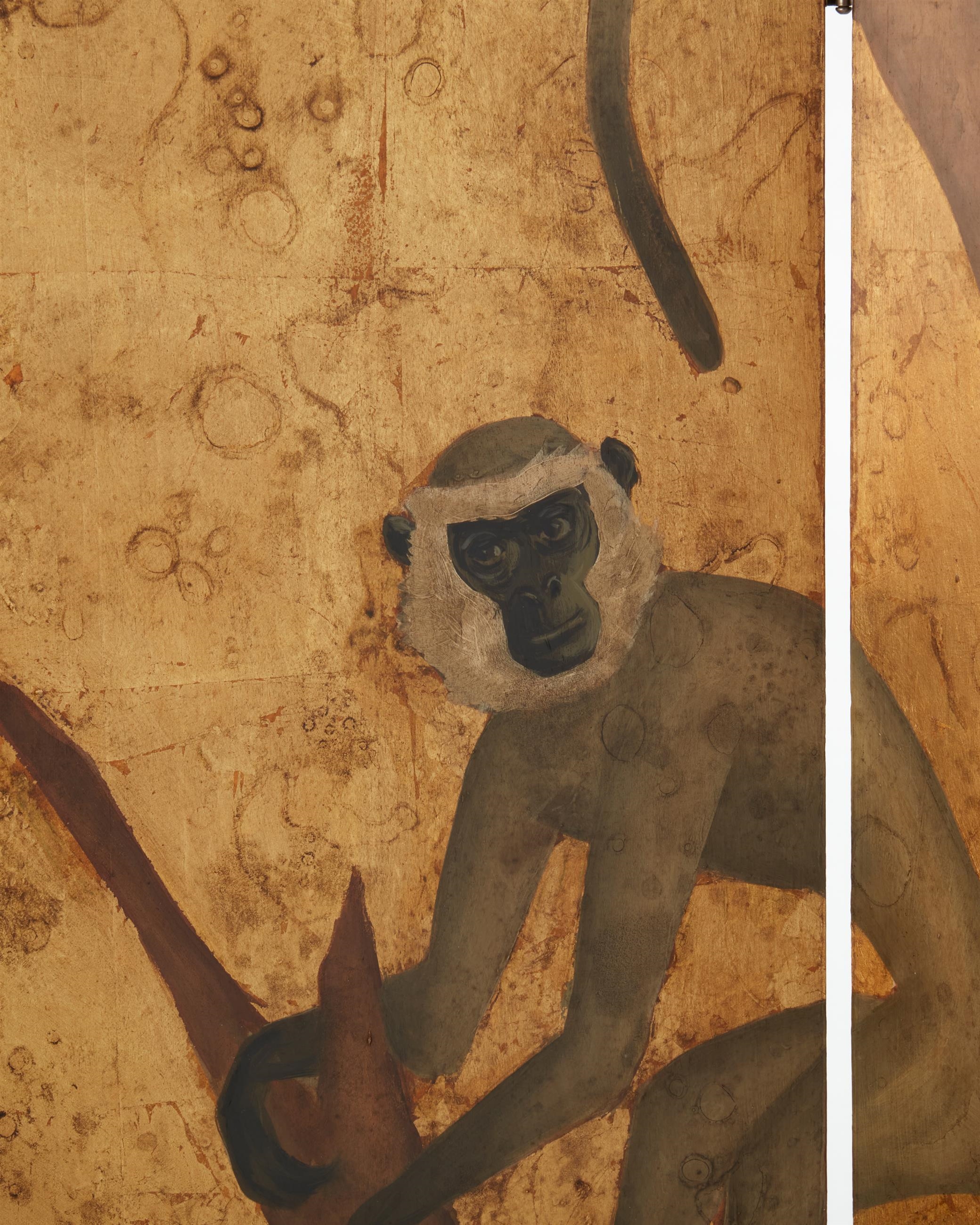 Artwork by Nancy Jolly, Monkey folding screen, Made of Oil and gold leaf on three panels