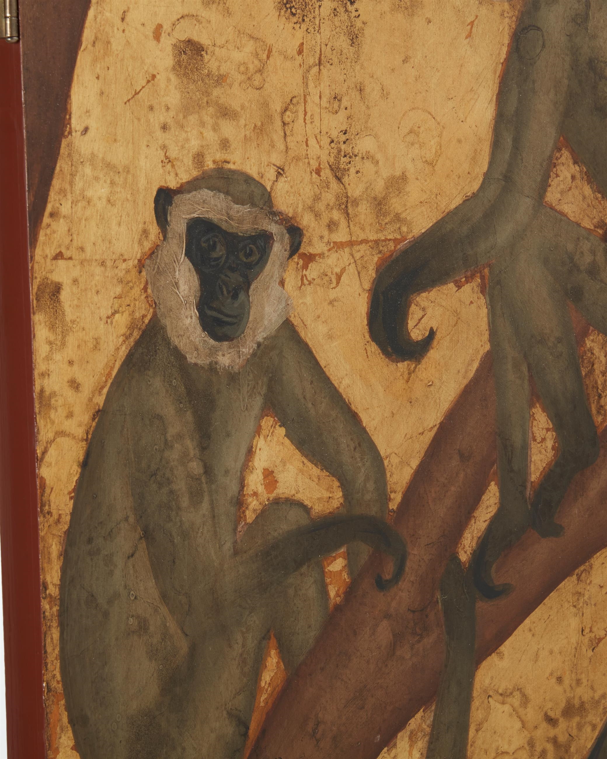 Artwork by Nancy Jolly, Monkey folding screen, Made of Oil and gold leaf on three panels