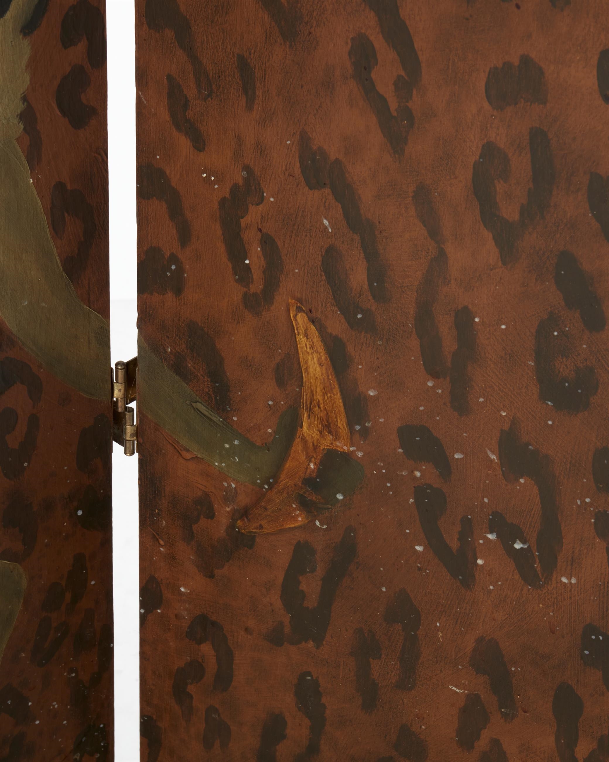 Artwork by Nancy Jolly, Monkey folding screen, Made of Oil and gold leaf on three panels