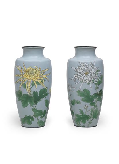 A Pair of Fine Cloisonné-Enamel, Moriage , and Musen Baluster Presentation VasesMeiji (1868-1912), Taisho (1912-1926), or Showa (1926-1989) era, early/mid-20th century by Hattori Tadasaburō