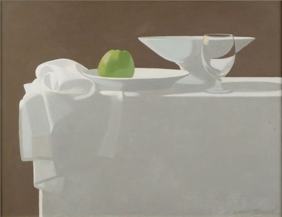 Still life with an apple on an entablature (lifts and small lacks of material). by Claude Dupont-Gomont, dated 1984