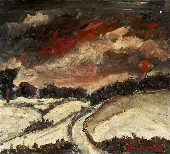 Winterlandschaft (mit rotem Mond) by Leopold Häfliger, 1981