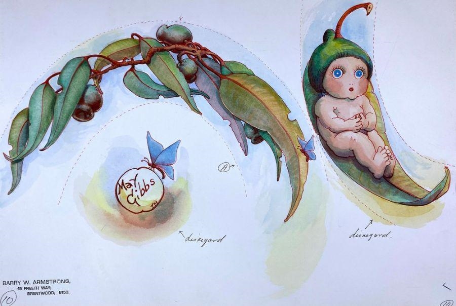 Artwork by May Gibbs, the Australian children's author & illustrator best known for her Gumnut Babies. Comprising 17 sheets of designs bearing artist's stamps, Made of watercolour