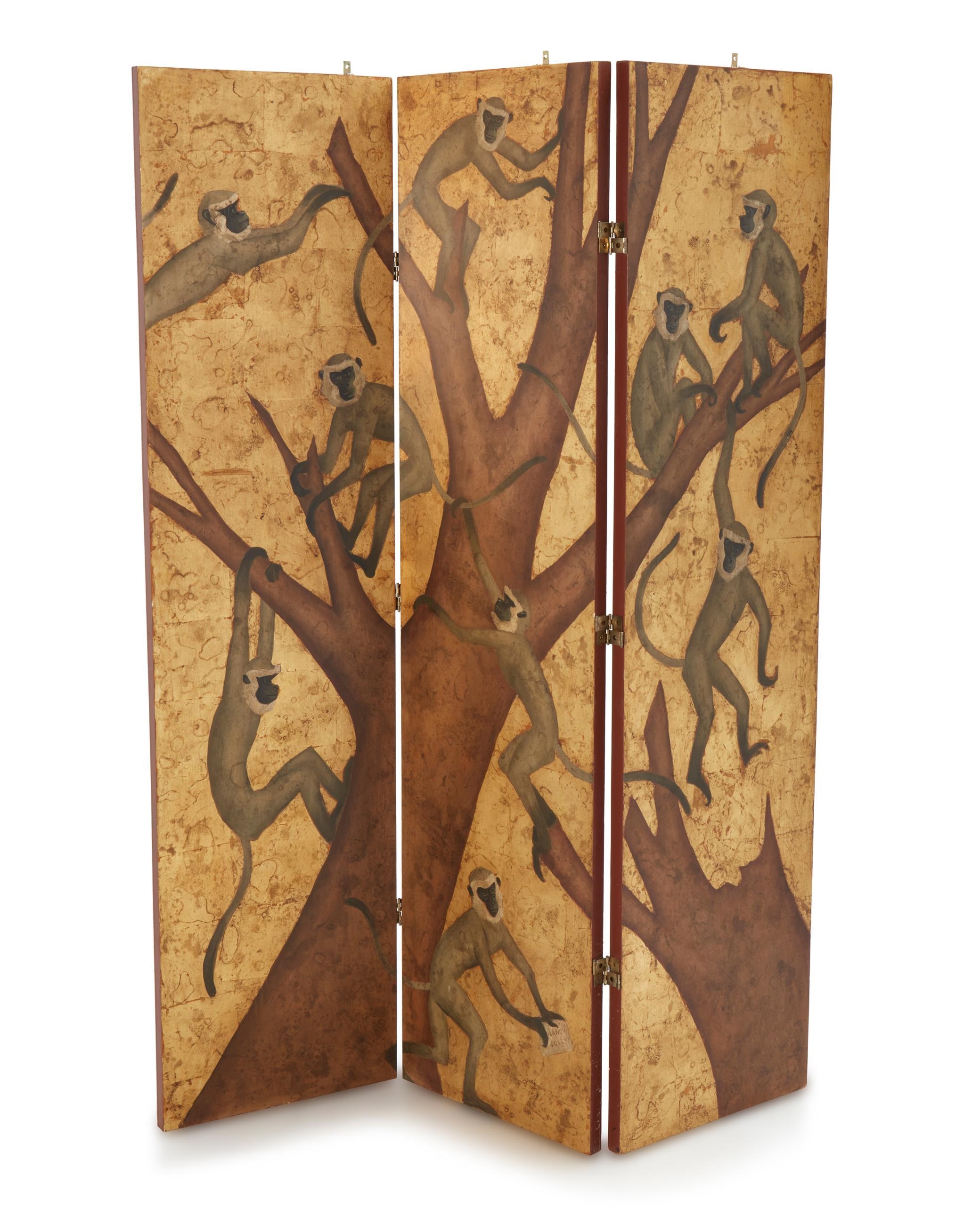 Artwork by Nancy Jolly, Monkey folding screen, Made of Oil and gold leaf on three panels