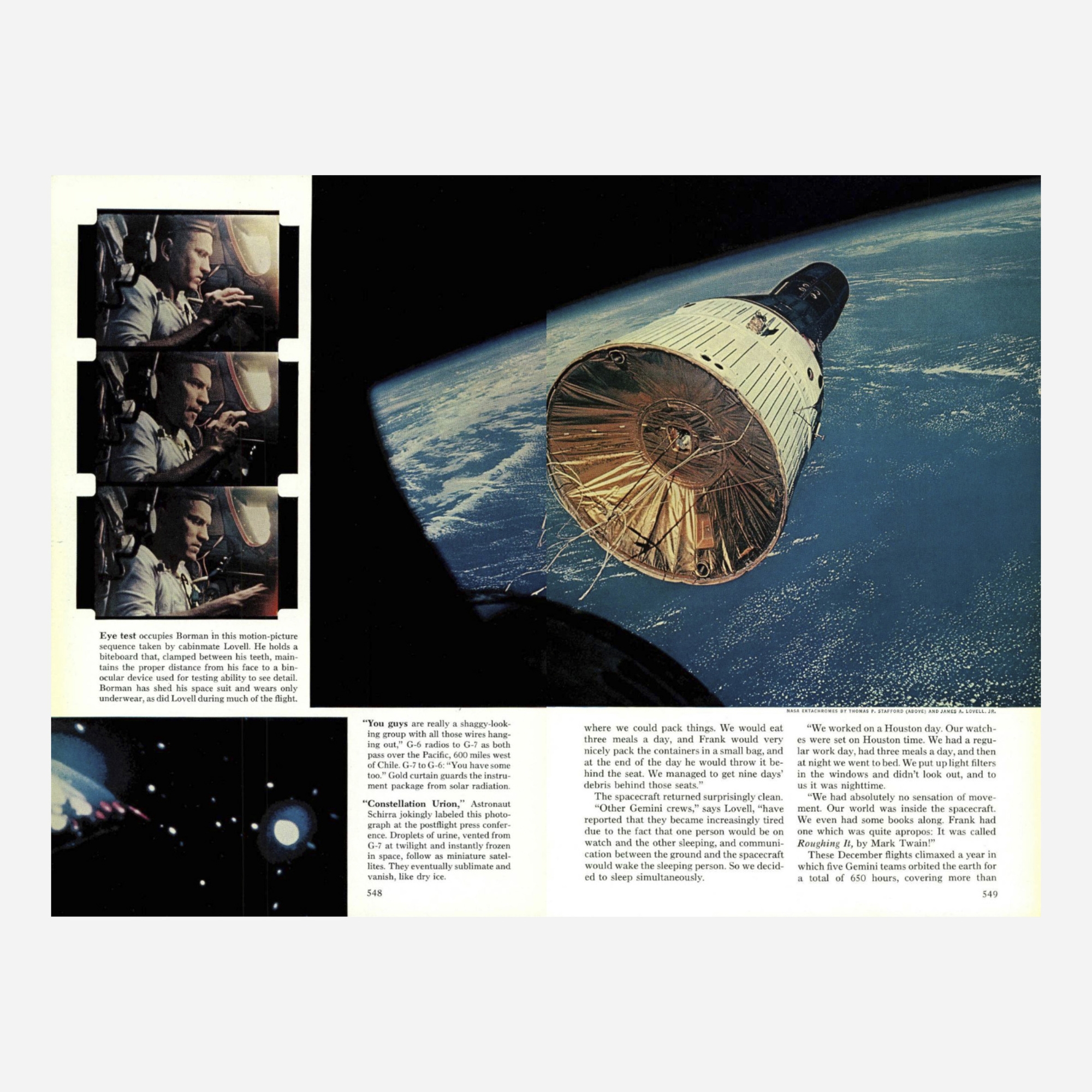 Thomas Stafford, First rendezvous in space, at 17,000 mph: Gemini VII  spacecraft orbiting the blue Earth, Thomas Stafford [Gemini VI-A], 15-16  December 1965
