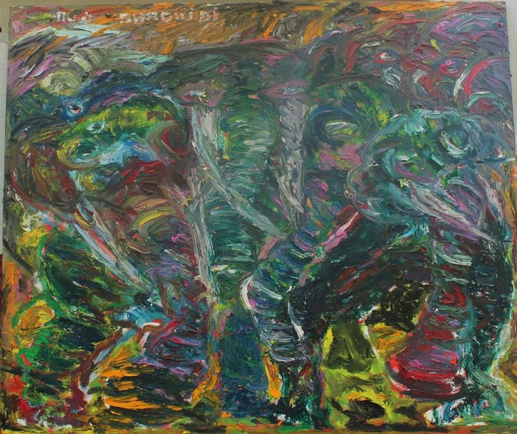 Artwork by Pélagie Gbaguidi, Herd of elephants, Made of Oil on canvas