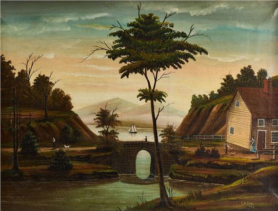 Folk art landscape painting with a bridge by American School, 18th Century